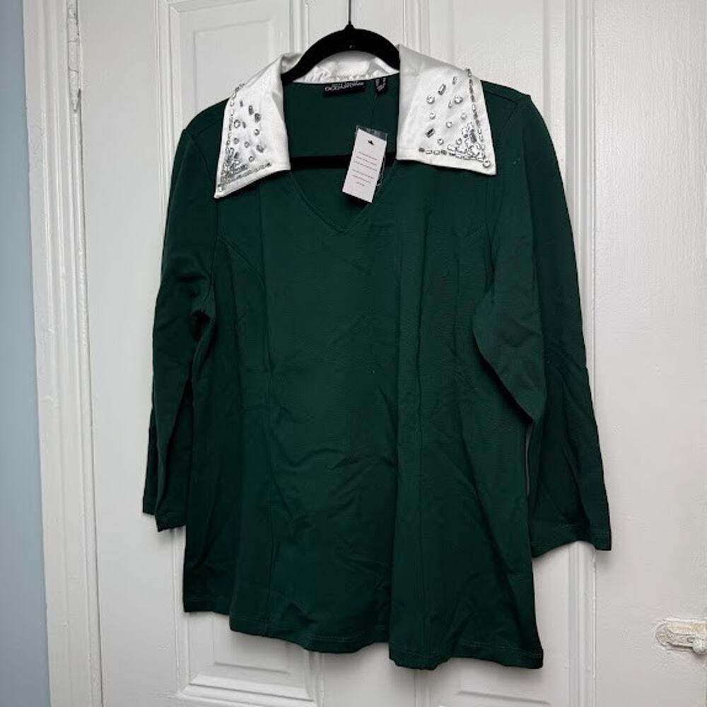 QVC Susan Graver Smart Ponte 350 Top Beaded Collar Womens Medium Emerald *Marks